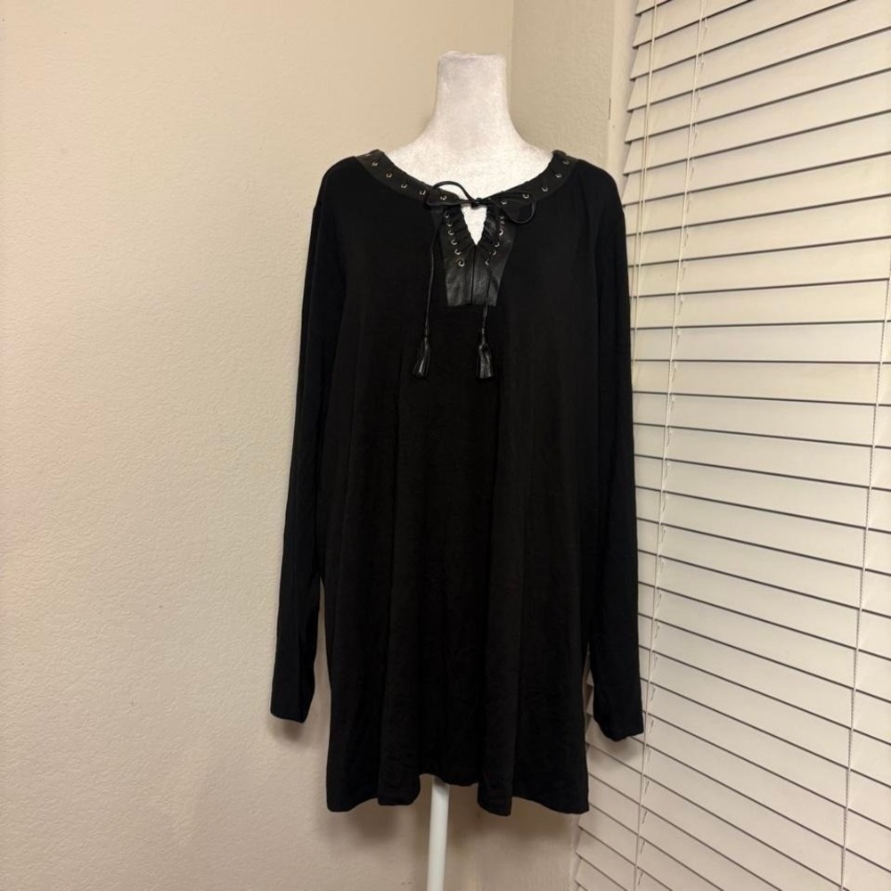 Black long sleeve top faux leather lace up tunic neckline biker grunge goth 3X